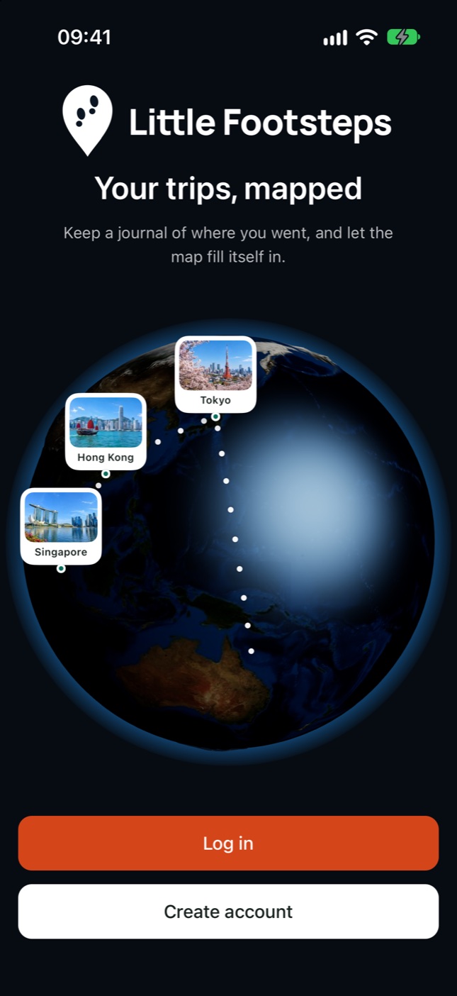 The welcome screen: Your trips, mapped. A globe with photographs pinned to Singapore, Hong Kong and Tokyo, joined by a dotted route.