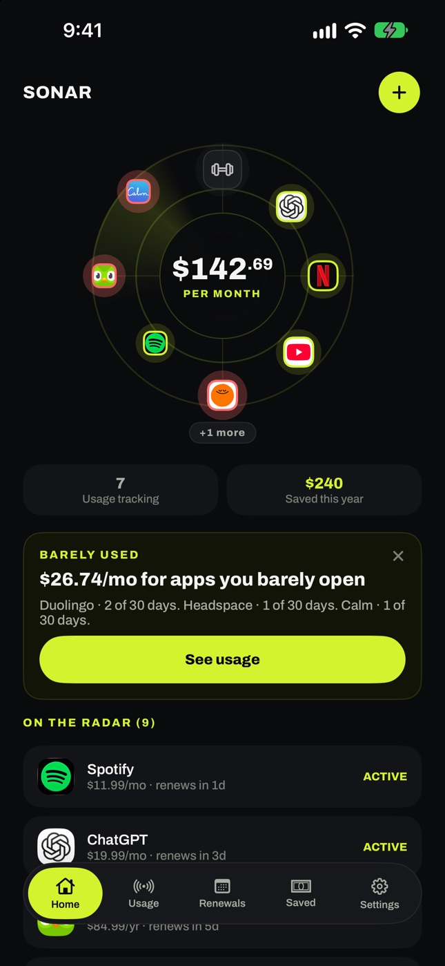 Home: subscriptions arranged around a $142.69 monthly total.