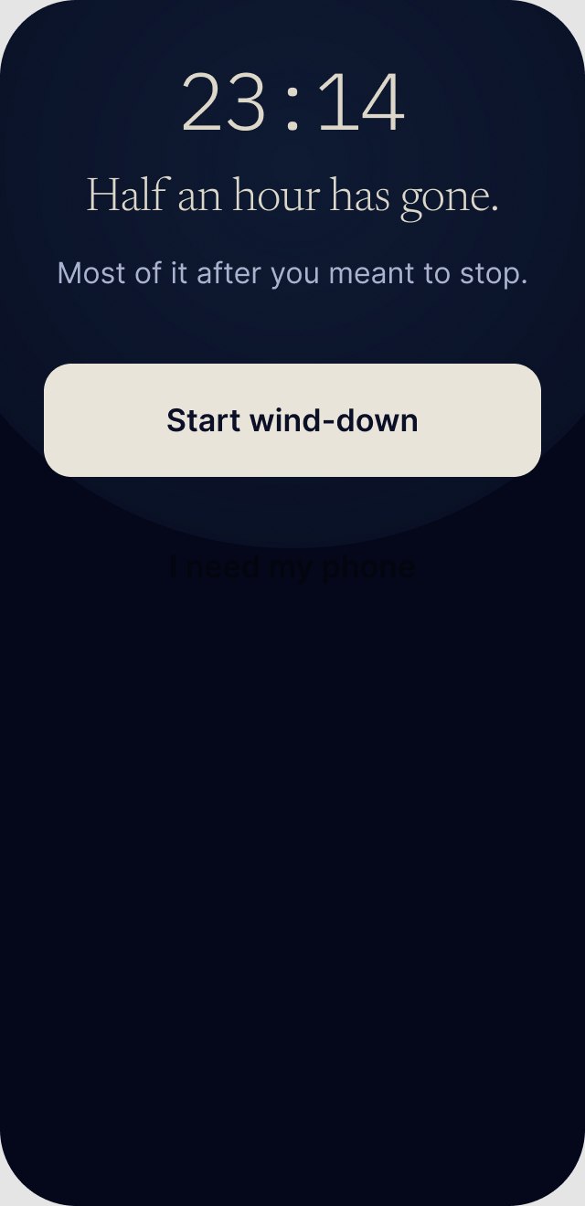 The check-in screen at 23:14. Half an hour has gone, most of it after you meant to stop, above a start wind-down button.